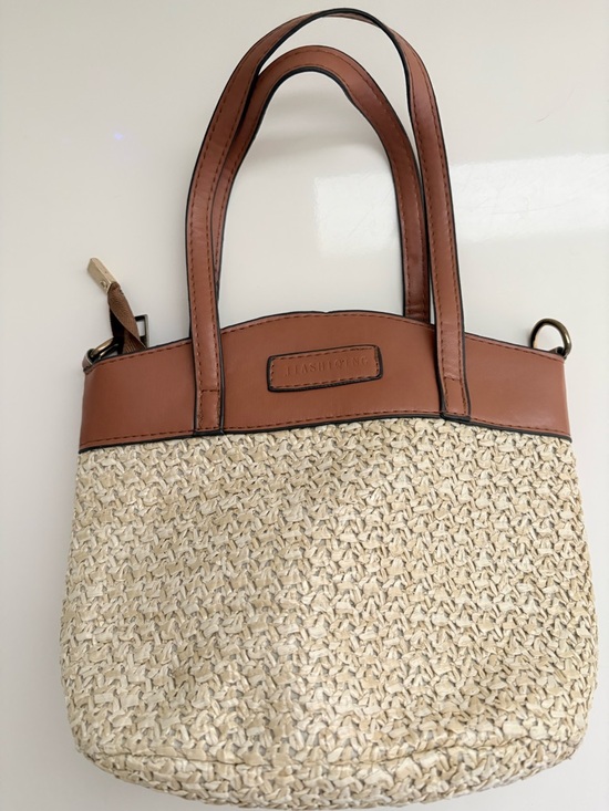 Source Unknown Handbags - Faux Leather & Woven Straw Small HandBag Brown & Cream, zipper closure No strap